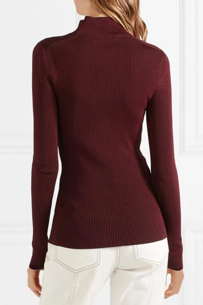 Shop Mugler Cutout Ribbed Stretch-knit Turtleneck Sweater In Burgundy