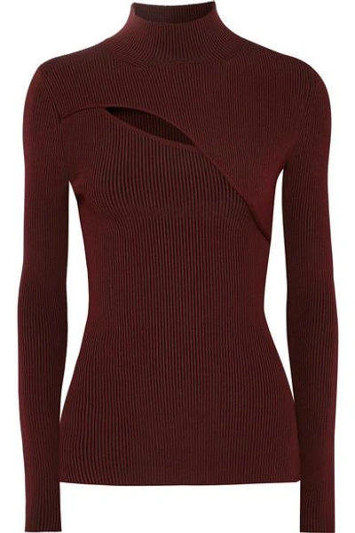 Shop Mugler Cutout Ribbed Stretch-knit Turtleneck Sweater In Burgundy