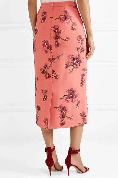 Shop Erdem Maira Embroidered Crepe Midi Skirt In Pink