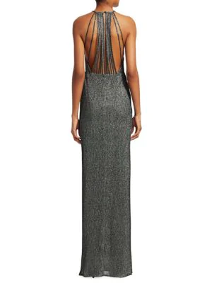 halston heritage metallic knit evening gown