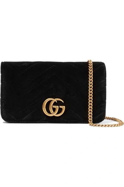 Shop Gucci Gg Marmont Micro Quilted Velvet And Textured-leather Shoulder Bag In Black