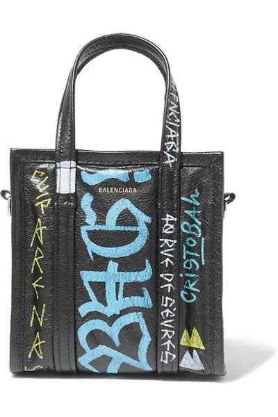 Shop Balenciaga Bazar Xxs Graffiti Printed Textured-leather Tote In Black