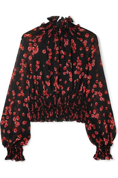 Shop Giambattista Valli Ruffled Floral-print Silk-crepe Top In Black