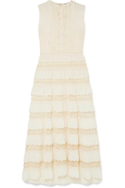 Shop Red Valentino Lace-trimmed Crepe De Chine And Point D'esprit Tulle Maxi Dress In Ivory