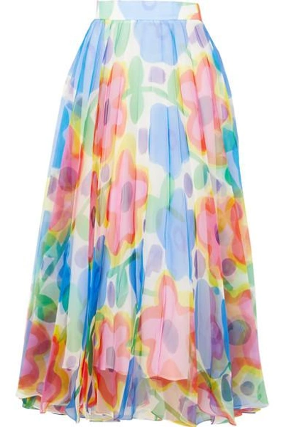 Shop Christopher Kane Pleated Floral-print Organza Maxi Skirt In Blue