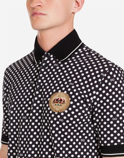 Shop Dolce & Gabbana Printed Cotton Piqué Polo Shirt With Patch In Black