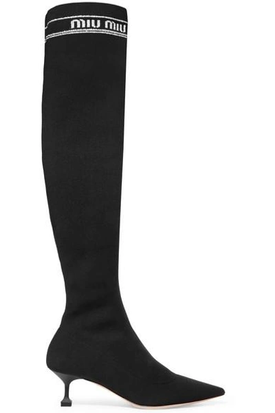 Shop Miu Miu Ribbed-knit Over-the-knee Sock Boots In Black
