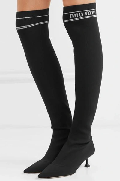 Shop Miu Miu Ribbed-knit Over-the-knee Sock Boots In Black
