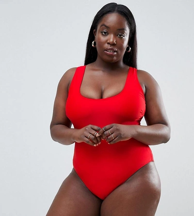 Shop Wolf & Whistle Curve Scoop Neck Swimsuit In Red - Red