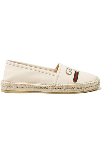 Shop Gucci Leather-trimmed Logo-print Canvas Espadrilles In Off-white