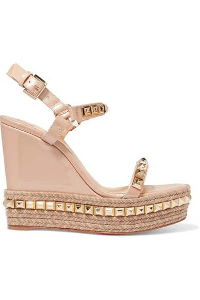 Shop Christian Louboutin Cataclou 120 Studded Patent-leather Wedge Platform Sandals In Beige