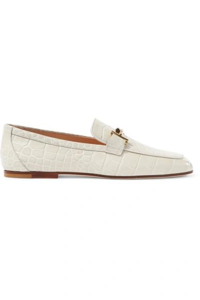 Shop Tod's Embellished Croc-effect Leather Loafers In White