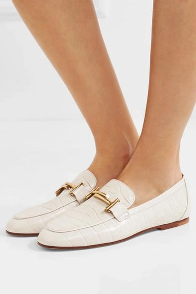 Shop Tod's Embellished Croc-effect Leather Loafers In White