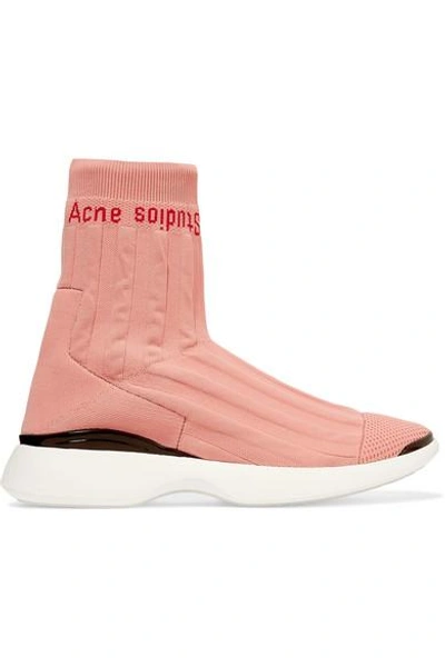 Shop Acne Studios Batilda Mesh-trimmed Logo-jacquard Stretch-knit Sneakers In Pastel Pink