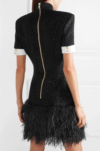 Shop Balmain Feather-trimmed Metallic Wool-blend Tweed Mini Dress In Black