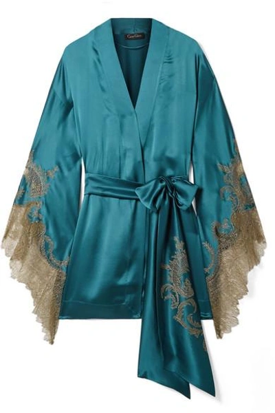 Shop Carine Gilson Chantilly Lace-trimmed Silk-satin Robe In Petrol