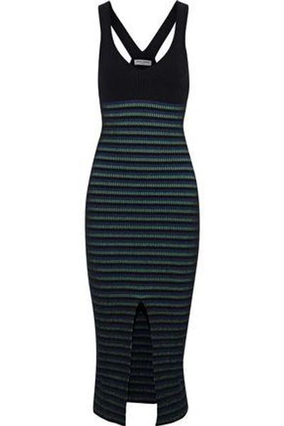Shop Opening Ceremony Split-front Striped Ribbed-knit Midi Dress In Black