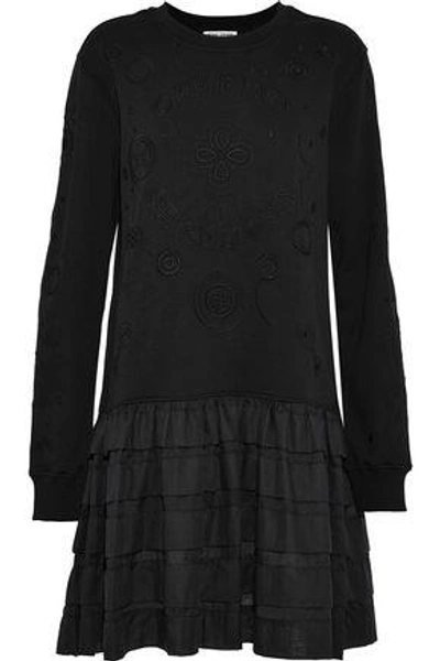 Shop Opening Ceremony Ruffled Gauze-paneled Embroidered Cotton-terry Mini Dress In Black