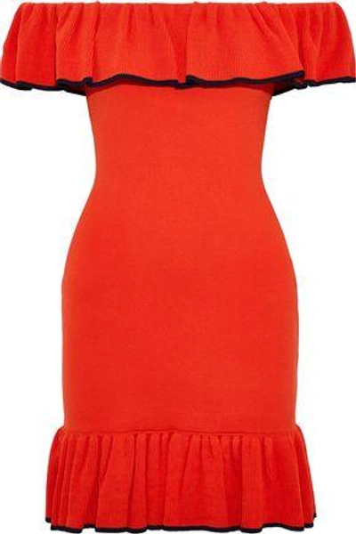 Shop Rebecca Vallance Carpi Off-the-shoulder Ruffled Stretch-knit Mini Dress In Tomato Red