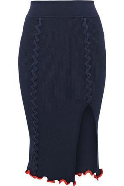Shop Opening Ceremony Woman Split-front Lace-up Ribbed-knit Skirt Navy