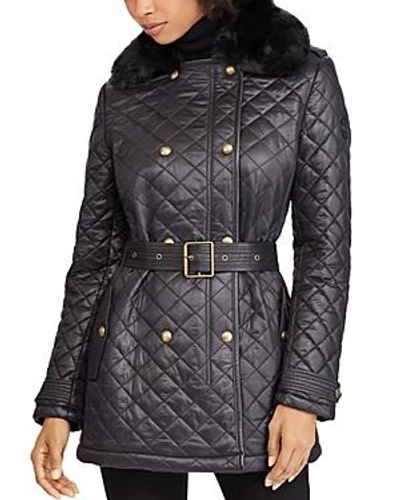Shop Ralph Lauren Lauren  Faux Fur Trim Diamond-quilted Jacket In Black