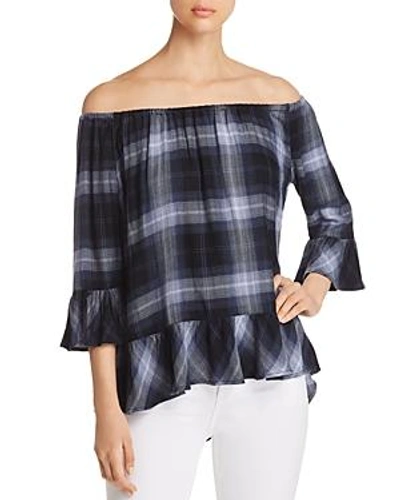 Shop Beachlunchlounge Off-the-shoulder Plaid Top In Navy