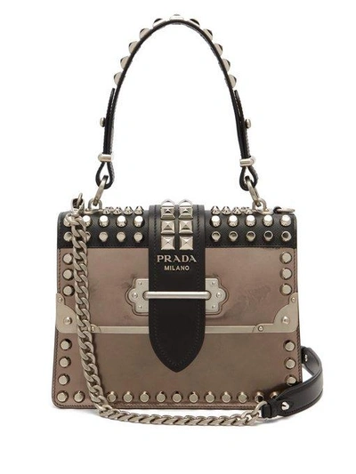 Prada Cahier Metallic-leather Studded Shoulder Bag In Silver | ModeSens