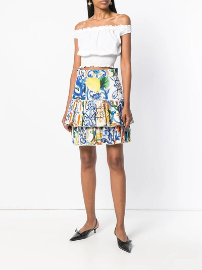 Shop Dolce & Gabbana Majolica Print Ruffled Skirt - White