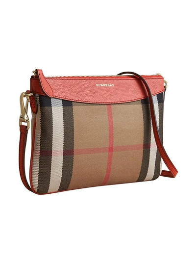 Shop Burberry House Check And Leather Clutch Bag In Red