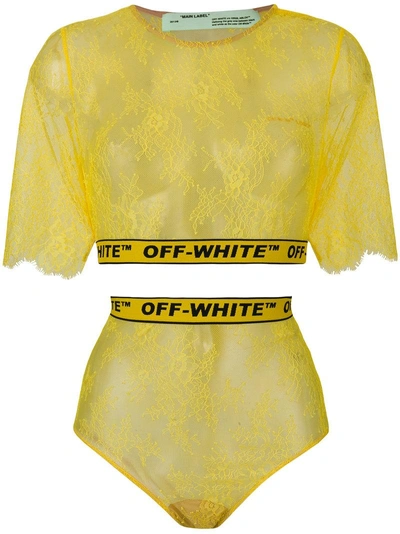 Shop Off-white Lace High Waist Briefs And Tee - Yellow