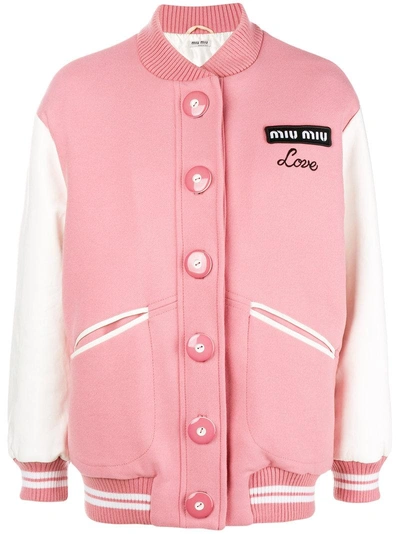 Shop Miu Miu Love Embroidered Bomber Jacket In Pink & Purple