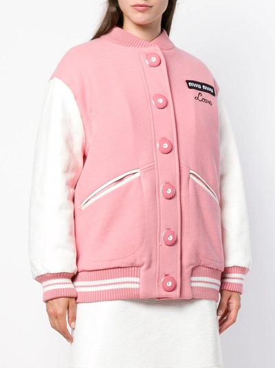 Shop Miu Miu Love Embroidered Bomber Jacket In Pink & Purple