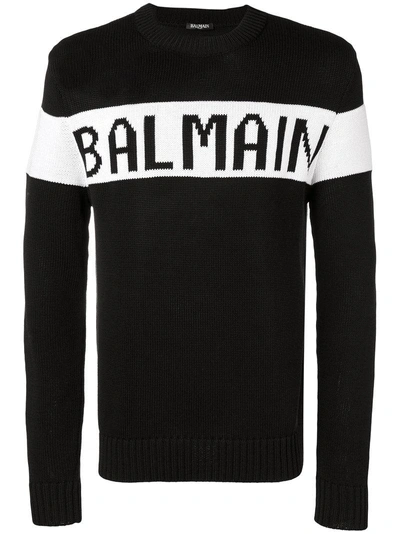 Shop Balmain Intarsia Knit Logo Sweater - Black