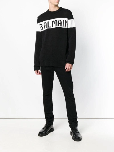 Shop Balmain Intarsia Knit Logo Sweater - Black