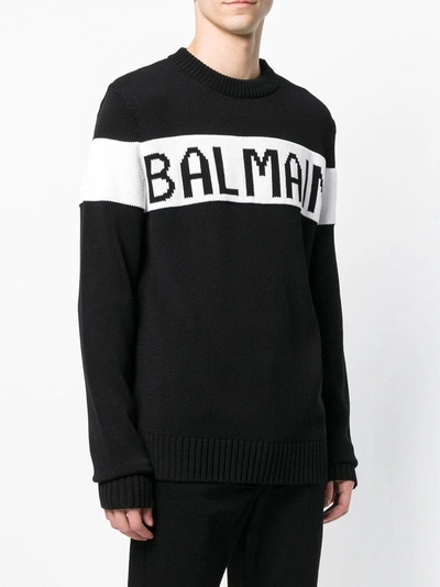 Shop Balmain Intarsia Knit Logo Sweater - Black