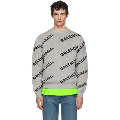 Shop Balenciaga Grey & Black All Over Logo Crewneck Sweater