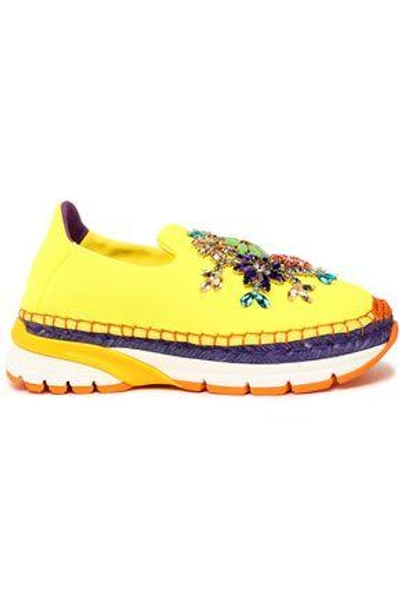 Shop Dolce & Gabbana Woman Crystal-embellished Neoprene Platform Slip-on Sneakers Yellow