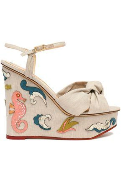 Shop Charlotte Olympia Woman Knotted Woven Embellished Linen Wedge Sandals Neutral