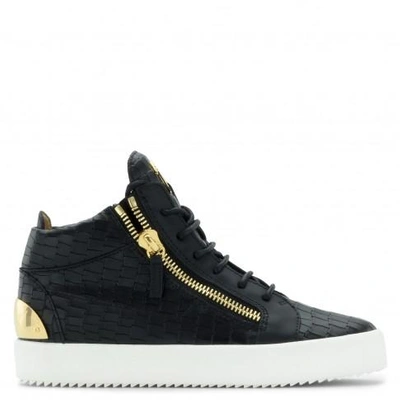 Shop Giuseppe Zanotti - Black Crocodile Embossed Calfskin Leather Mid-top Sneaker Kriss