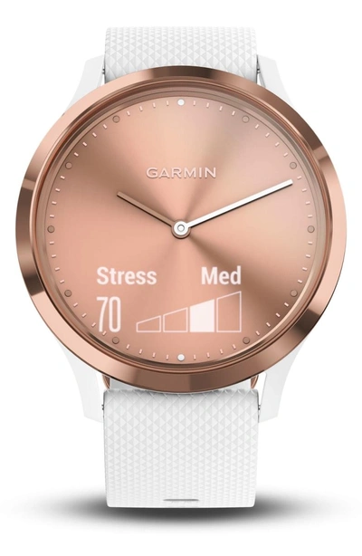 Shop Garmin Vivomove Hr Small/medium Sport Hybrid Smart Watch In White/ Rose Gold/ Rose Gold