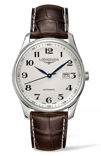 Shop Longines Master Automatic Alligator Leather Strap Watch, 42mm In Brown/ Silver