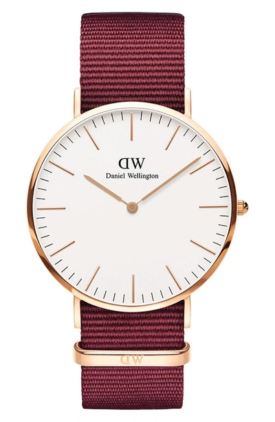 Shop Daniel Wellington Classic Nylon Strap Watch, 40mm In Red/ White/ Rose Gold