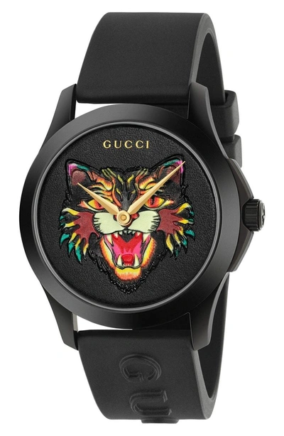 Shop Gucci Angry Cat Rubber Strap Watch, 38mm In Black
