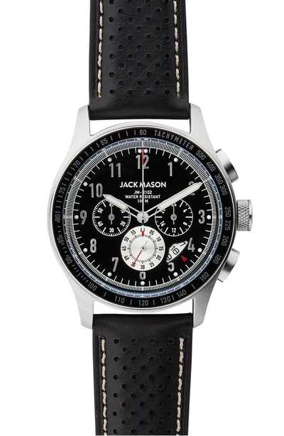 Shop Jack Mason Racing Chronograph Leather Strap Watch, 42mm In Black/ Black