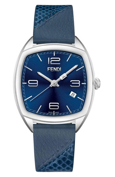 Shop Fendi Momento Leather Strap Watch, 39mm In Blue/ Silver