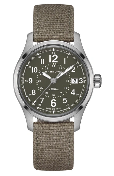 Shop Hamilton Khaki Field Automatic Canvas Strap Watch, 40mm In Green/ Silver