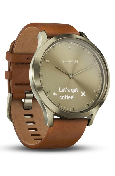 Shop Garmin Vivomove Hr Hybrid Smart Watch In Light Brown/ Gold/ Gold