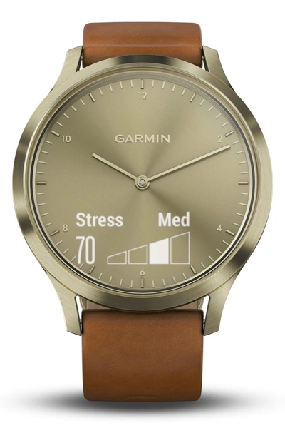 Shop Garmin Vivomove Hr Hybrid Smart Watch In Light Brown/ Gold/ Gold