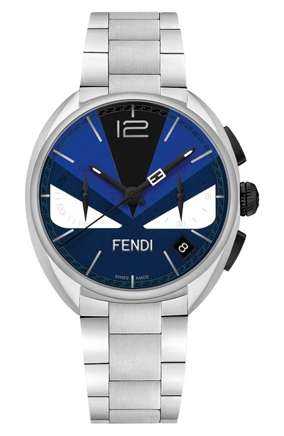 Shop Fendi Momento Bug Chronograph Bracelet Watch, 40mm In Silver/ Blue/ Silver