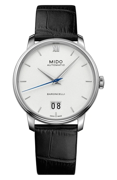 Shop Mido Baroncelli Iii Automatic Leather Strap Watch, 40mm In Black/ White/ Silver